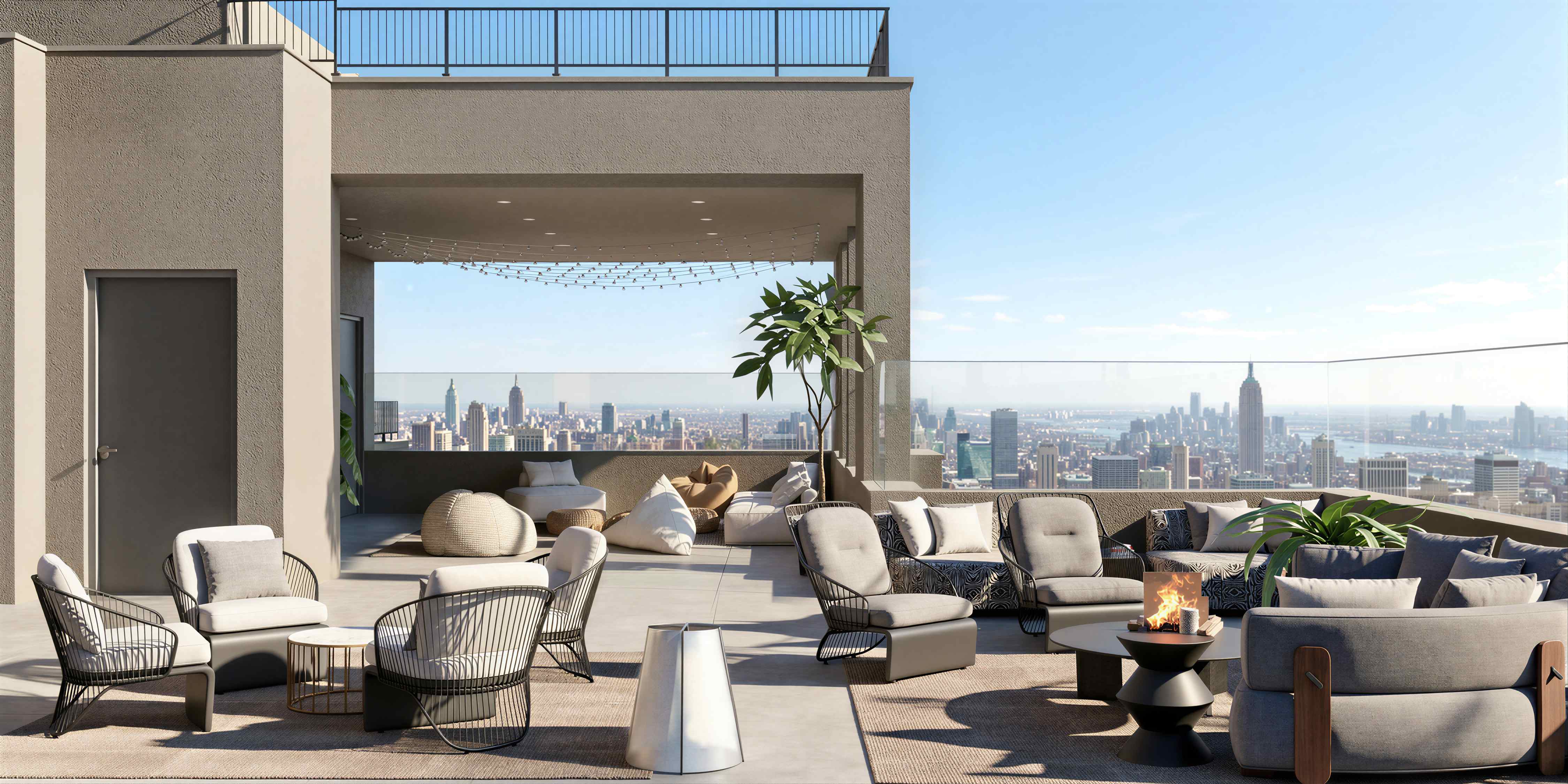 The Parisian Astoria rooftop terrace with Manhattan skyline views