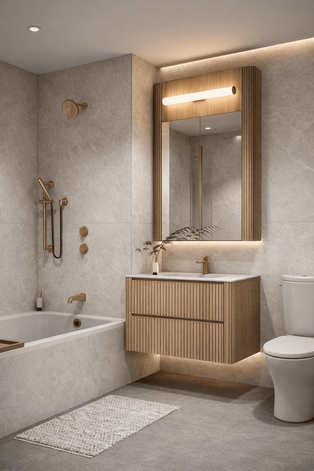 Bathroom with fluted wood vanity and hand-finished alabaster lighting